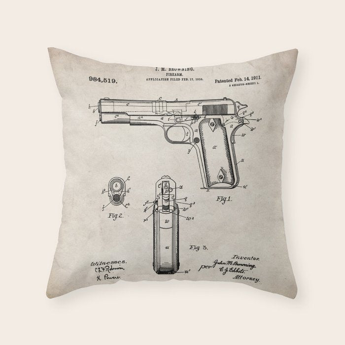 Colt Pistol Patent - Browning 1911 Colt Art - Antique Throw Pillow Gallery Image 1
