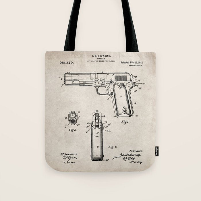 Colt Pistol Patent - Browning 1911 Colt Art - Antique Tote Bag Gallery Image 1