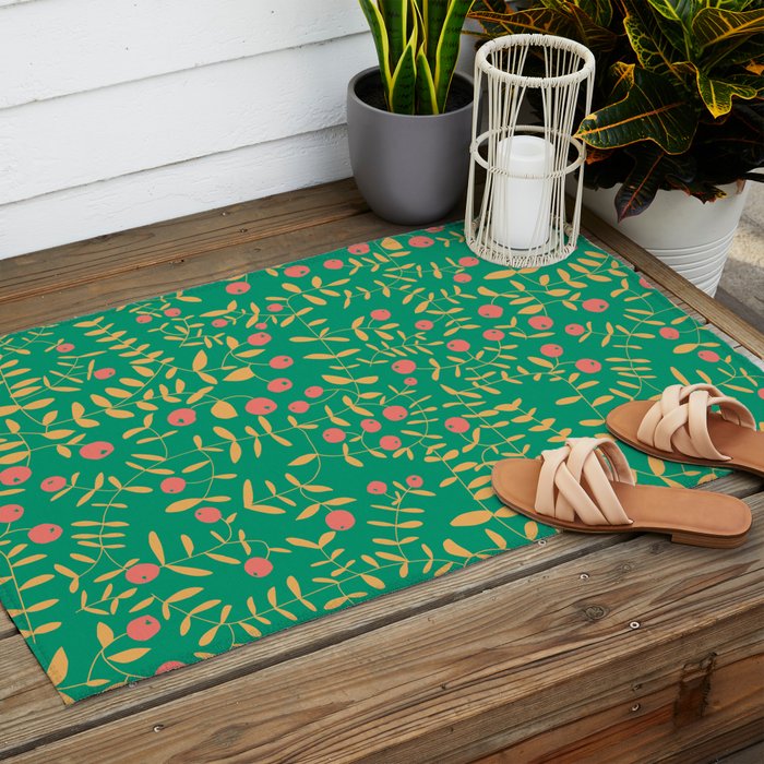 Block print berries bright green Outdoor Rug Gallery Image 2