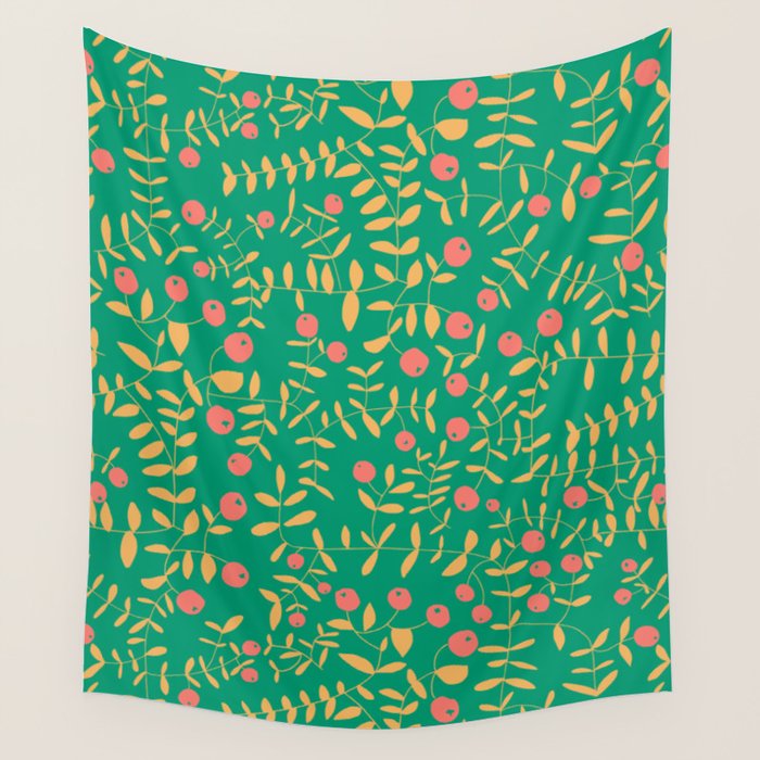 Block print berries bright green Wall Tapestry Gallery Image 1