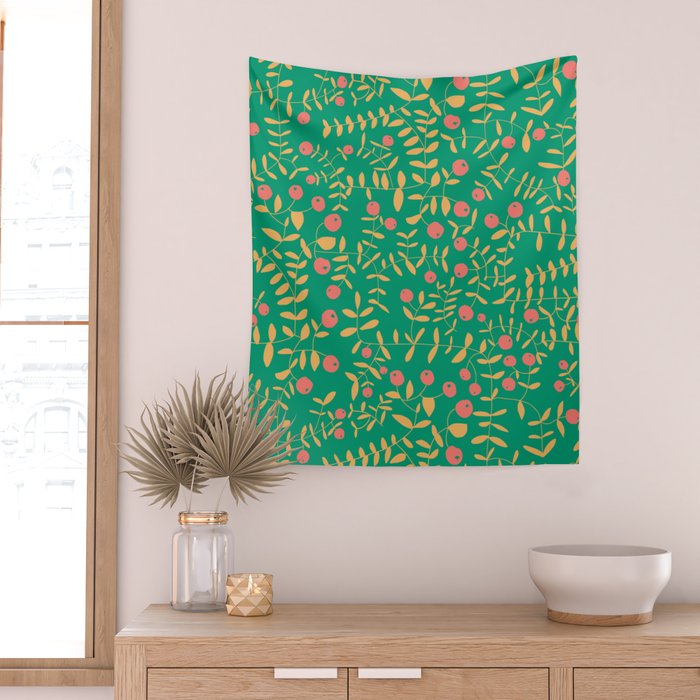 Block print berries bright green Wall Tapestry Gallery Image 2