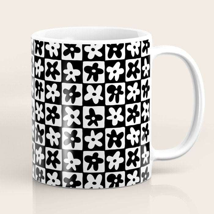 Black and white checkered floral pattern art Coffee Mug Gallery Image 1