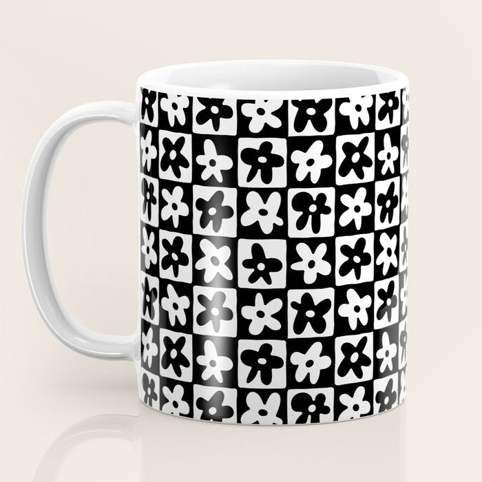 Black and white checkered floral pattern art Coffee Mug Gallery Image 3