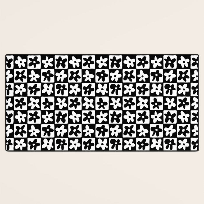 Black and white checkered floral pattern art Desk Mat Gallery Image 3