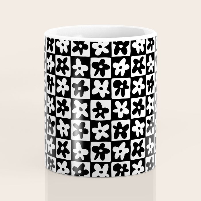 Black and white checkered floral pattern art Coffee Mug Gallery Image 4