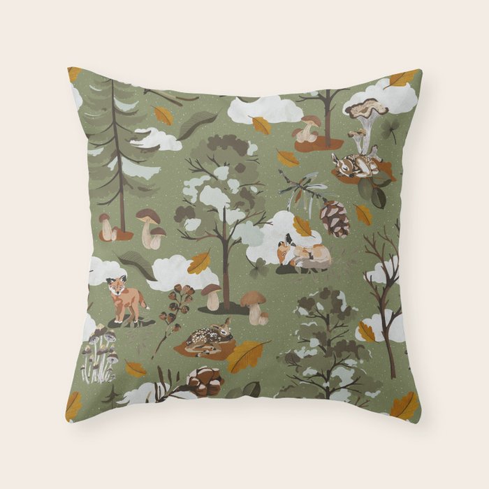 Baby animals in the leafy forest G Throw Pillow Gallery Image 1