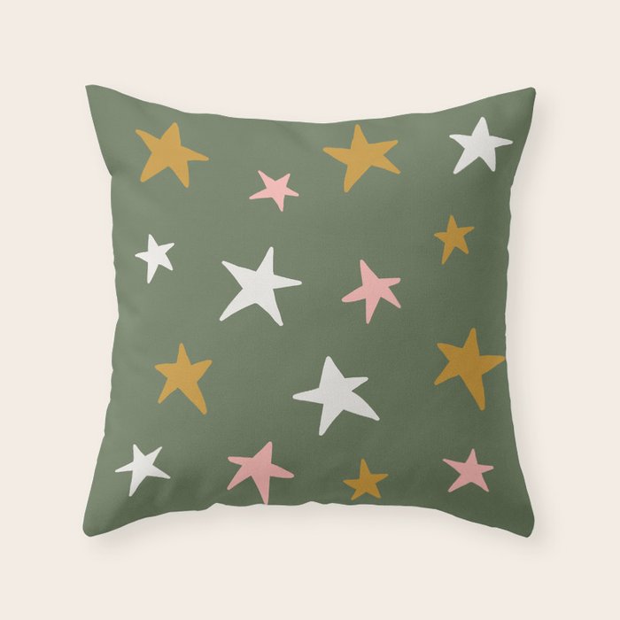 Stars Gold Cream Pink On Muted Green Throw Pillow Gallery Image 6