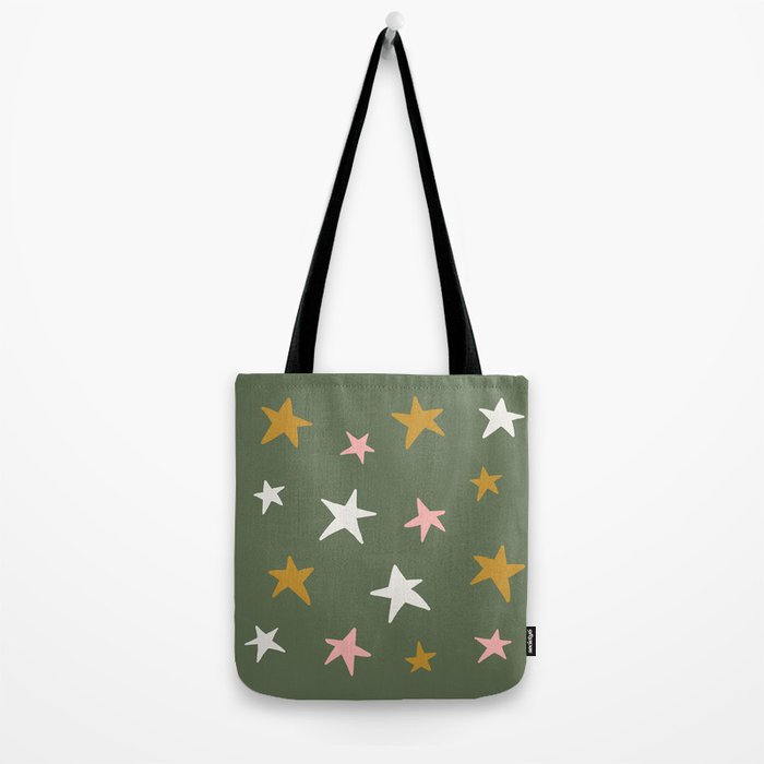 Stars Gold Cream Pink On Muted Green Tote Bag Gallery Image 2