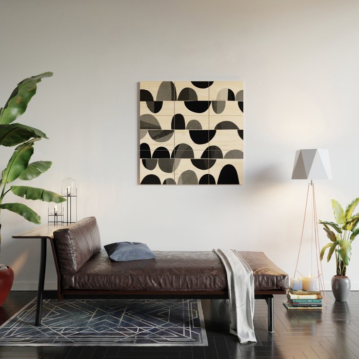 Mid Century Abstract cut-out Pebbles 3. Black and white Wood Wall Art Gallery Image 2