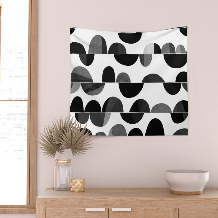 Mid Century Abstract cut-out Pebbles 3. Black and white Wall Tapestry Gallery Image 2