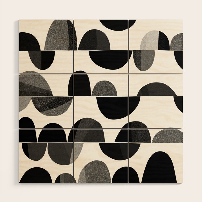 Mid Century Abstract cut-out Pebbles 3. Black and white Wood Wall Art Gallery Image 1