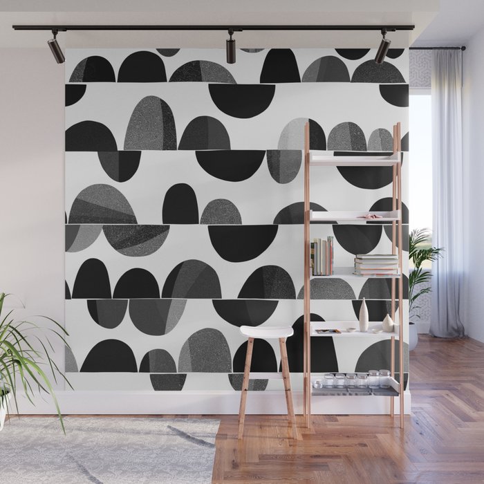 Mid Century Abstract cut-out Pebbles 3. Black and white Wall Mural Gallery Image 1