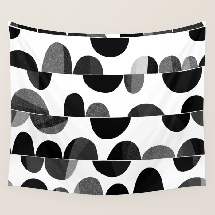 Mid Century Abstract cut-out Pebbles 3. Black and white Wall Tapestry Gallery Image 4