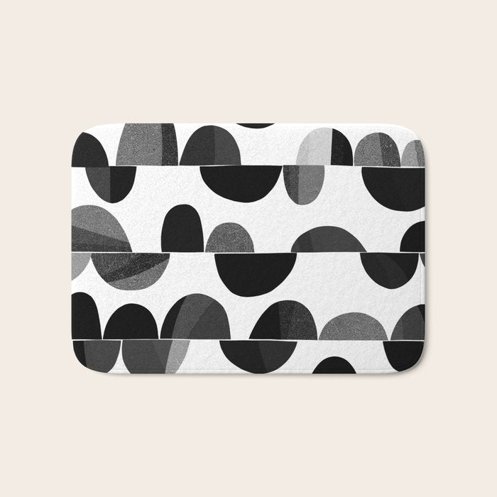 Mid Century Abstract cut-out Pebbles 3. Black and white Bath Mat Gallery Image 1