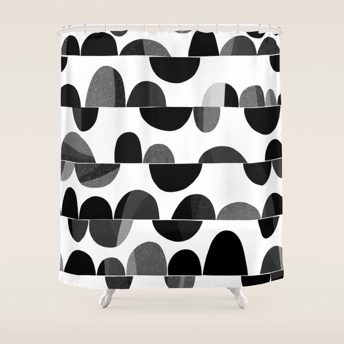 Mid Century Abstract cut-out Pebbles 3. Black and white Shower Curtain Gallery Image 1