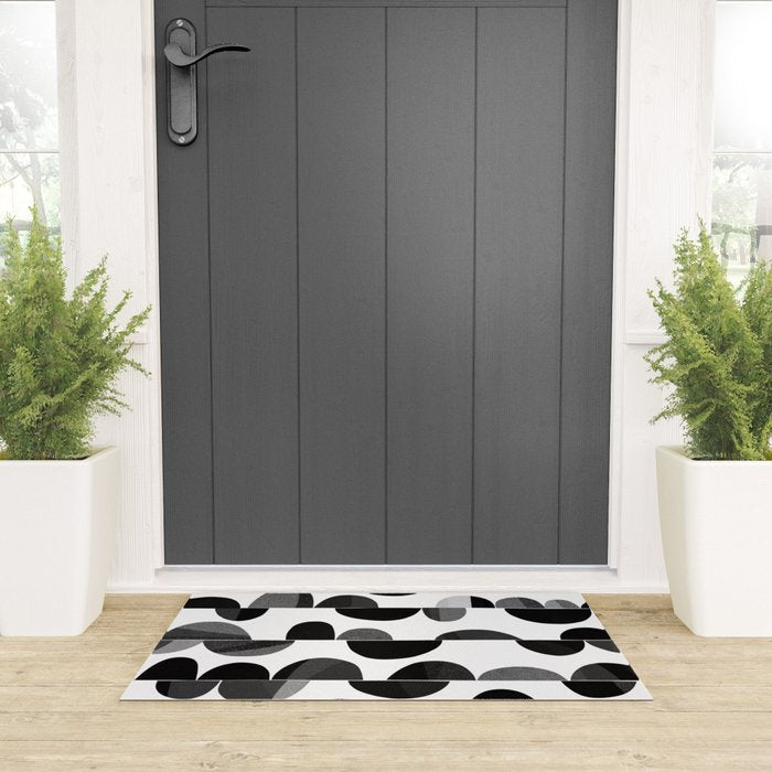 Mid Century Abstract cut-out Pebbles 3. Black and white Welcome Mat Gallery Image 3