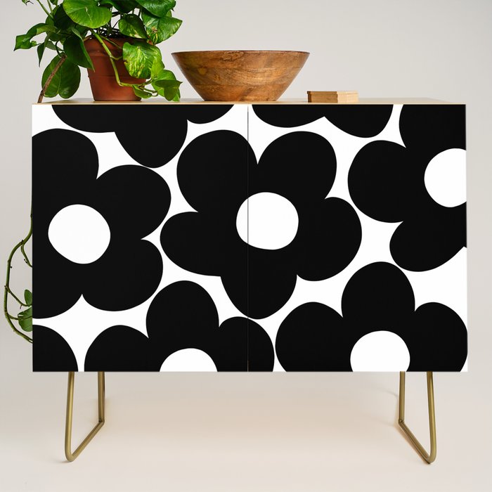 Black & White Retro Daisies #1 #decor #art #society6 Credenza Gallery Image 1