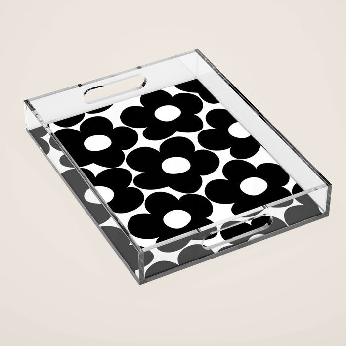 Black & White Retro Daisies #1 #decor #art #society6 Acrylic Tray Gallery Image 1
