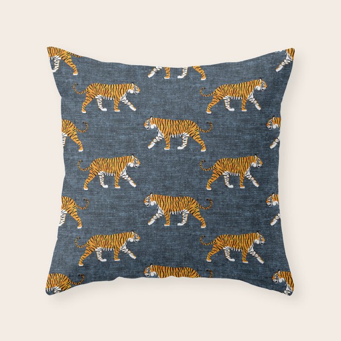 walking tigers - blue Throw Pillow Gallery Image 6