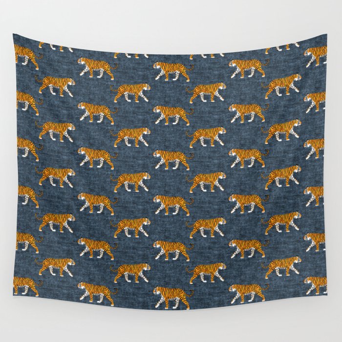 walking tigers - blue Wall Tapestry Gallery Image 4