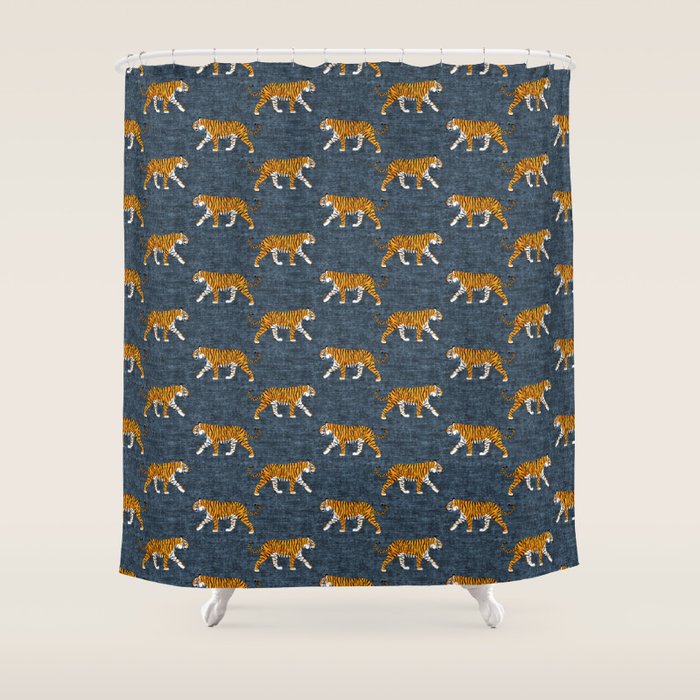 walking tigers - blue Shower Curtain Gallery Image 1