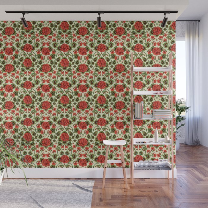 Red Geraniums -  Vintage-Inspired Floral Pattern For Spring Wall Mural Gallery Image 1