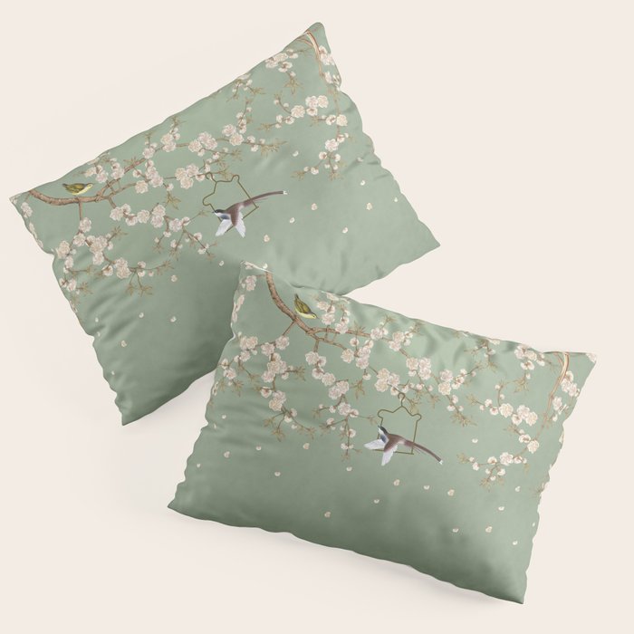 Chinoiserie Sage Green Cherry Blossom Bird Garden Pillow Sham Gallery Image 1