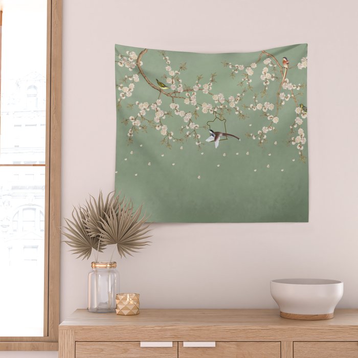 Chinoiserie Sage Green Cherry Blossom Bird Garden Wall Tapestry Gallery Image 2