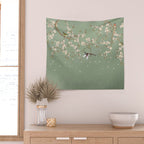 Chinoiserie Sage Green Cherry Blossom Bird Garden Wall Tapestry Gallery Image 2
