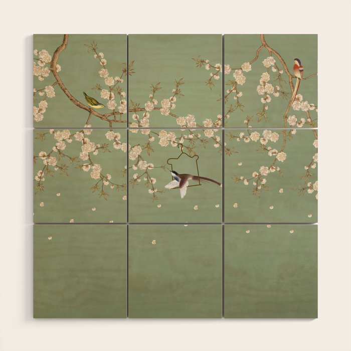 Chinoiserie Sage Green Cherry Blossom Bird Garden Wood Wall Art Gallery Image 1