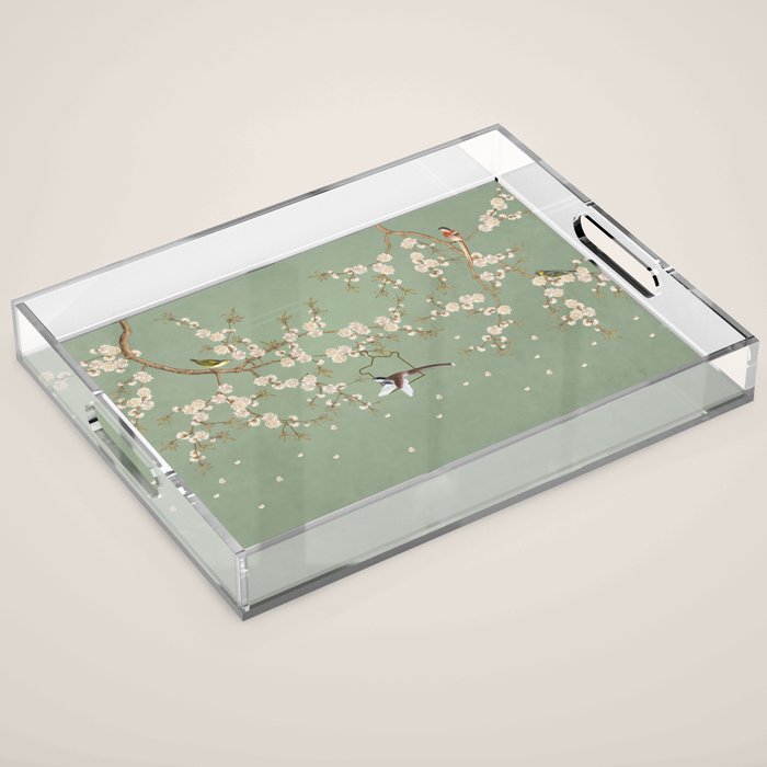 Chinoiserie Sage Green Cherry Blossom Bird Garden Acrylic Tray Gallery Image 1