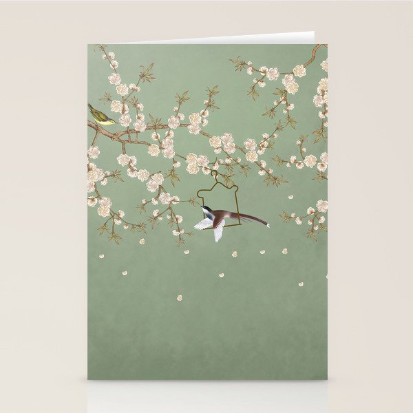 Chinoiserie Sage Green Cherry Blossom Bird Garden Stationery Card Gallery Image 2