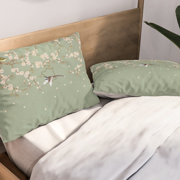 Chinoiserie Sage Green Cherry Blossom Bird Garden Pillow Sham Gallery Image 2