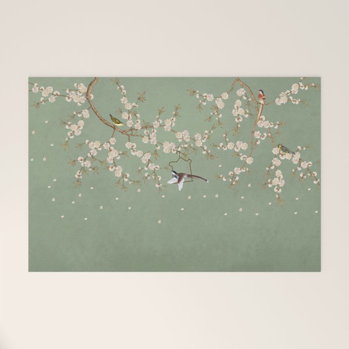 Chinoiserie Sage Green Cherry Blossom Bird Garden Welcome Mat Gallery Image 1