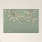 Chinoiserie Sage Green Cherry Blossom Bird Garden Welcome Mat Gallery Image 1