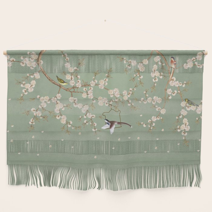 Chinoiserie Sage Green Cherry Blossom Bird Garden Wall Hanging Gallery Image 1