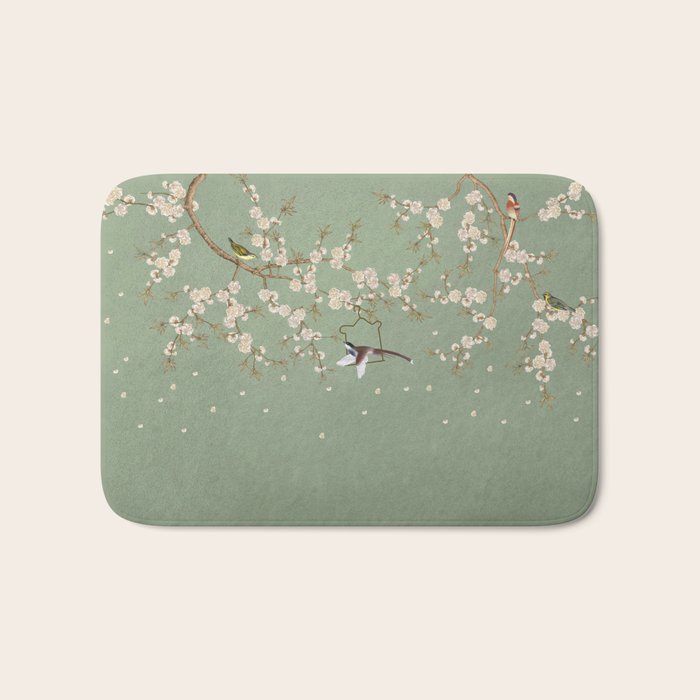 Chinoiserie Sage Green Cherry Blossom Bird Garden Bath Mat Gallery Image 1