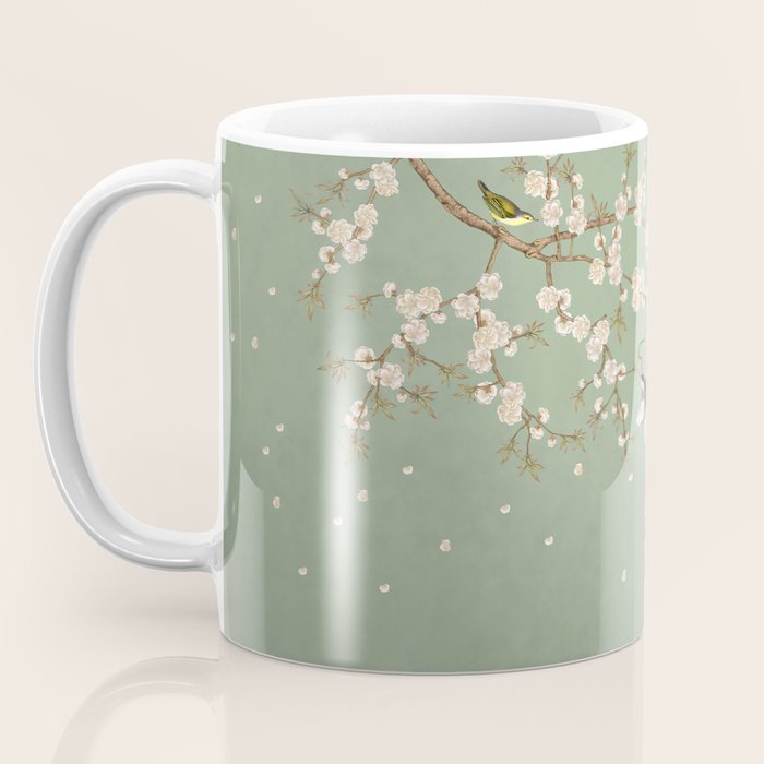 Chinoiserie Sage Green Cherry Blossom Bird Garden Coffee Mug Gallery Image 3