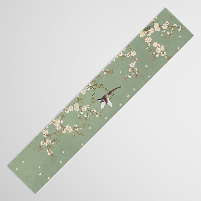 Chinoiserie Sage Green Cherry Blossom Bird Garden Table Runner Gallery Image 3