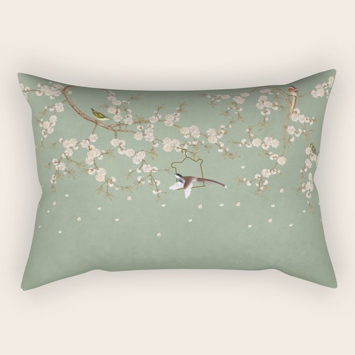 Chinoiserie Sage Green Cherry Blossom Bird Garden Rectangular Pillow Gallery Image 1
