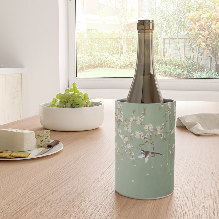 Chinoiserie Sage Green Cherry Blossom Bird Garden Wine Chiller Gallery Image 4