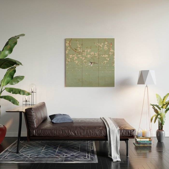 Chinoiserie Sage Green Cherry Blossom Bird Garden Wood Wall Art Gallery Image 2
