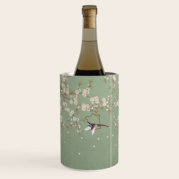 Chinoiserie Sage Green Cherry Blossom Bird Garden Wine Chiller Gallery Image 1