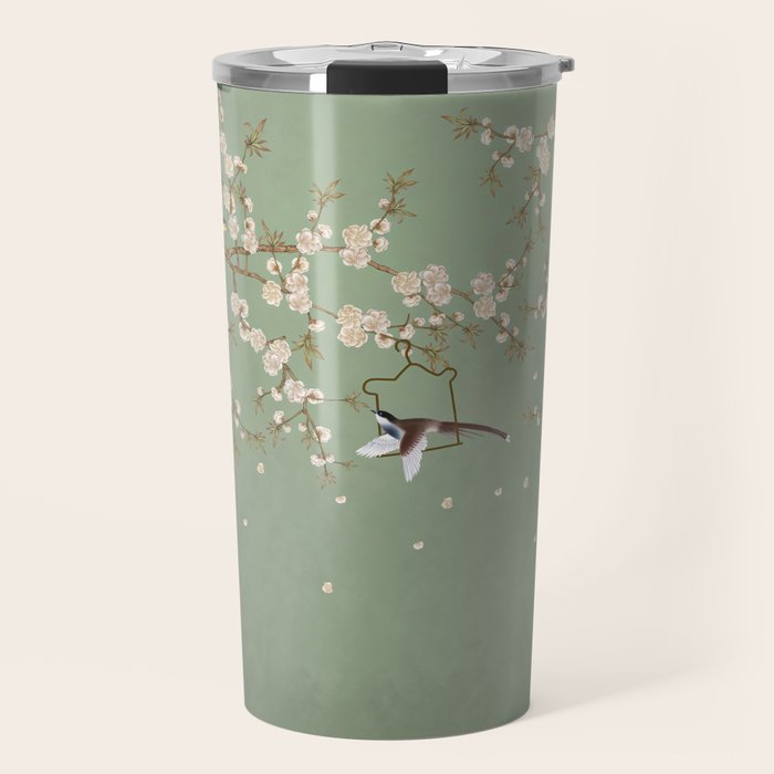 Chinoiserie Sage Green Cherry Blossom Bird Garden Travel Mug Gallery Image 1