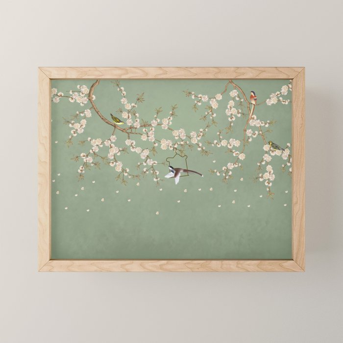 Chinoiserie Sage Green Cherry Blossom Bird Garden Mini Art Print Gallery Image 1