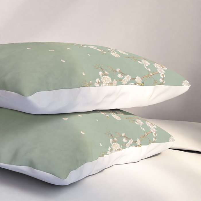 Chinoiserie Sage Green Cherry Blossom Bird Garden Pillow Sham Gallery Image 3