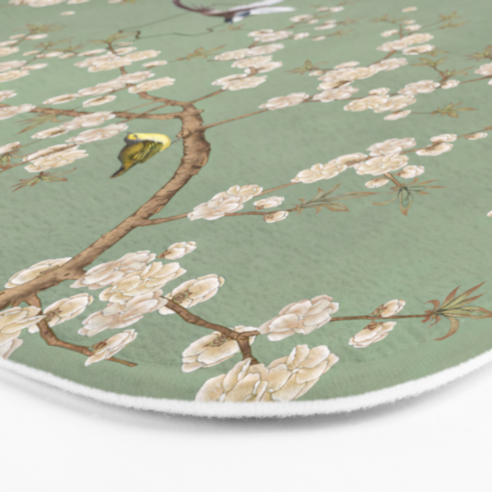 Chinoiserie Sage Green Cherry Blossom Bird Garden Bath Mat Gallery Image 3