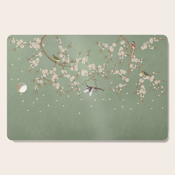 Chinoiserie Sage Green Cherry Blossom Bird Garden Cutting Board Gallery Image 1