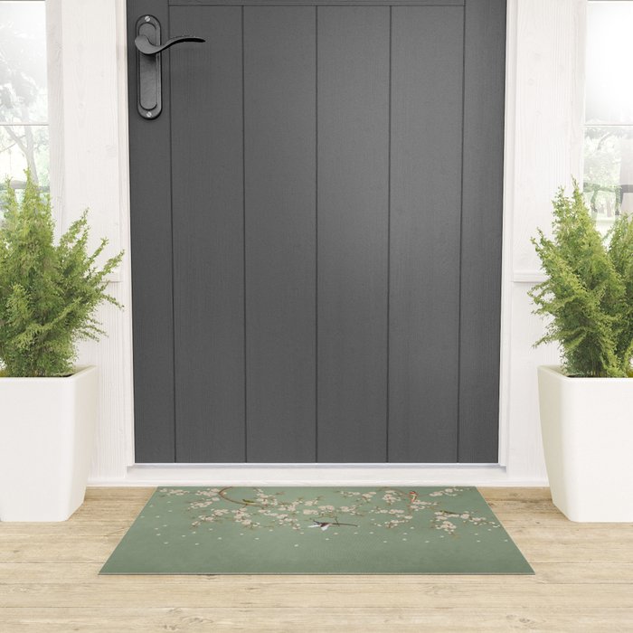 Chinoiserie Sage Green Cherry Blossom Bird Garden Welcome Mat Gallery Image 3