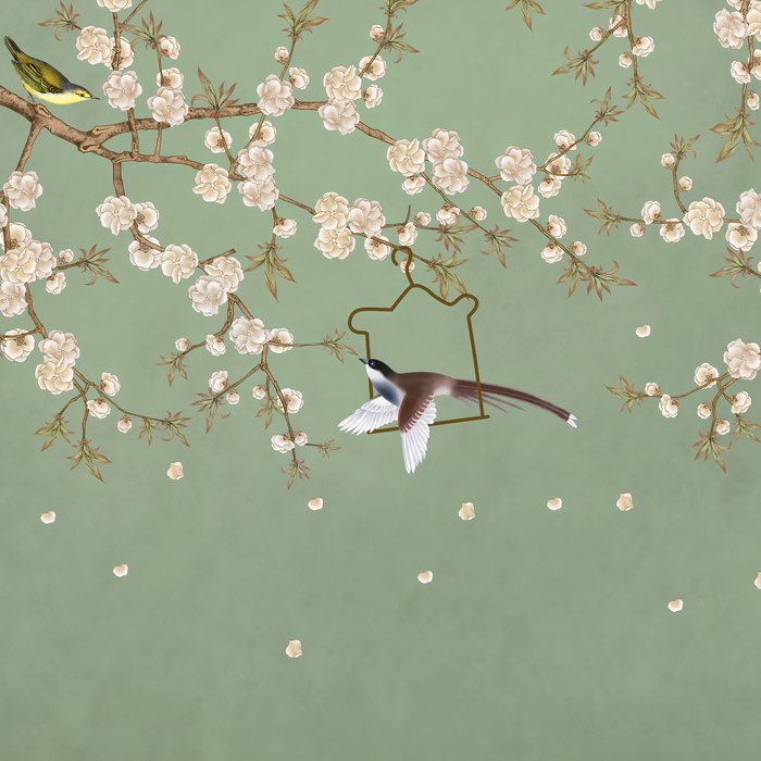 Chinoiserie Sage Green Cherry Blossom Bird Garden Coffee Mug Gallery Image 2